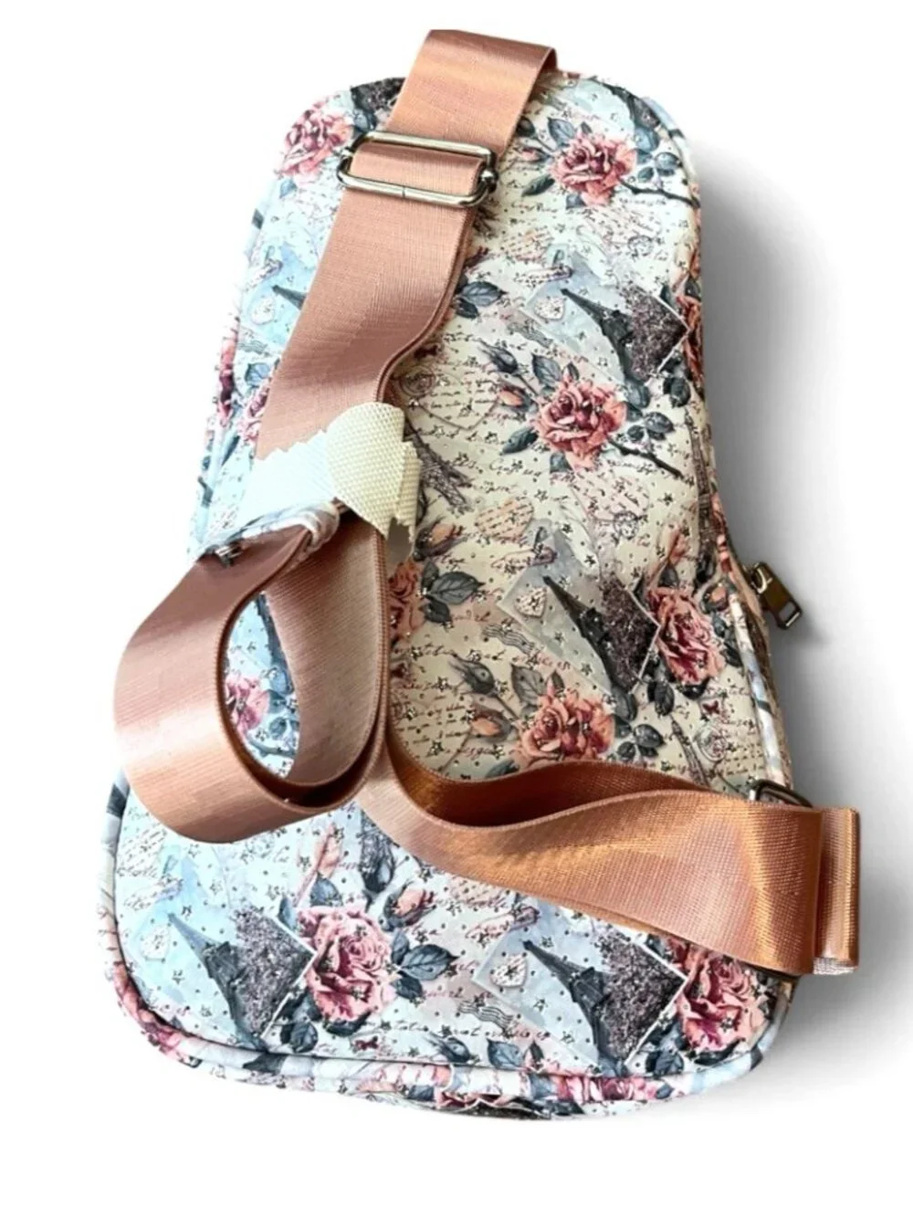 Eiffel Tower Paris Crossbody Shoulder Bag Adjustable Sling Bag Pink Roses NWT